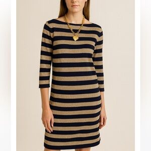 Lauren Ralph Lauren Metallic Stripe Knit Sheath Dress Navy Gold 3/4 Sleeve Wms M